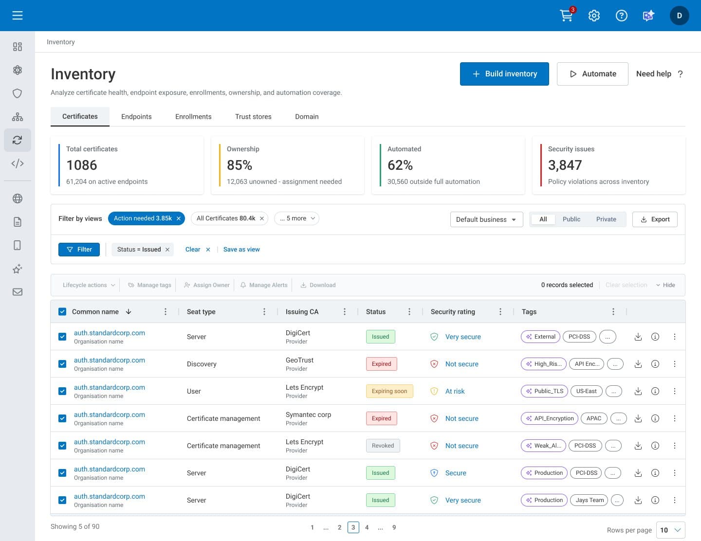 The redesigned certificate inventory dashboard