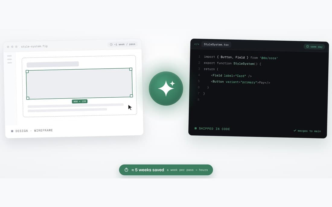 A design wireframe and the same screen shipped as code, side by side.