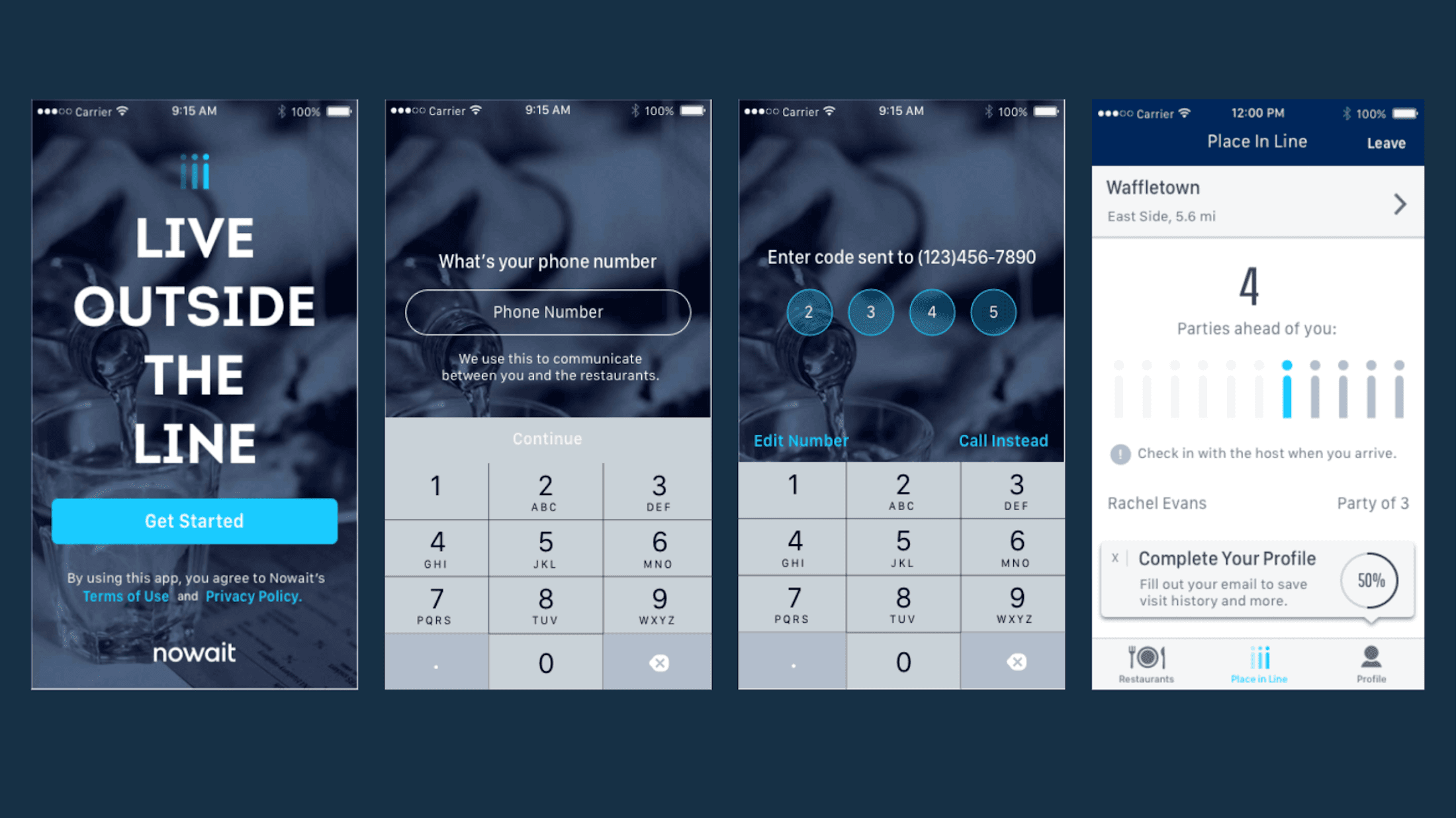 The shipped NoWait sign-up flow on mobile
